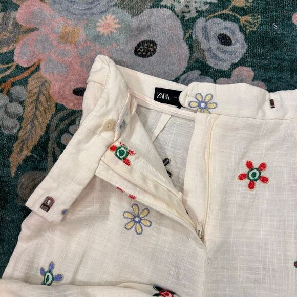 Zara Culottes Pants Womens XS Ivory Floral Linen Blend Embroidered Wide Leg - Picture 15 of 16